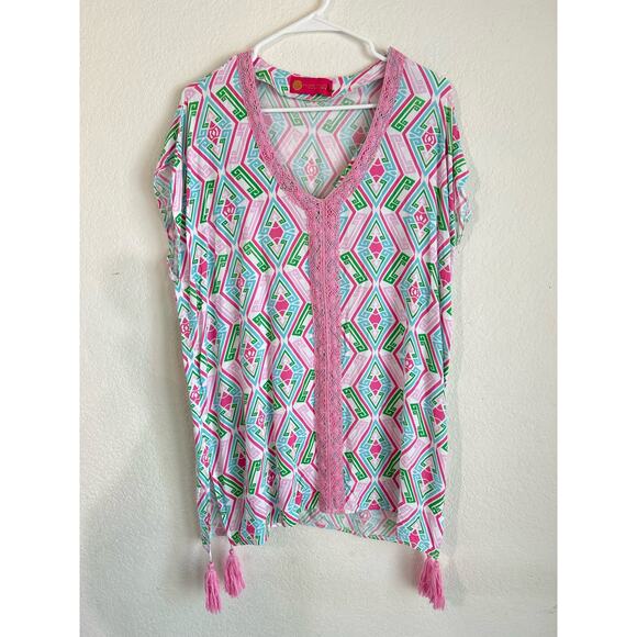 Macbeth Collection Diamond Print Pink Green Girly Swim Beach Coverup Size Medium - Picture 6 of 13